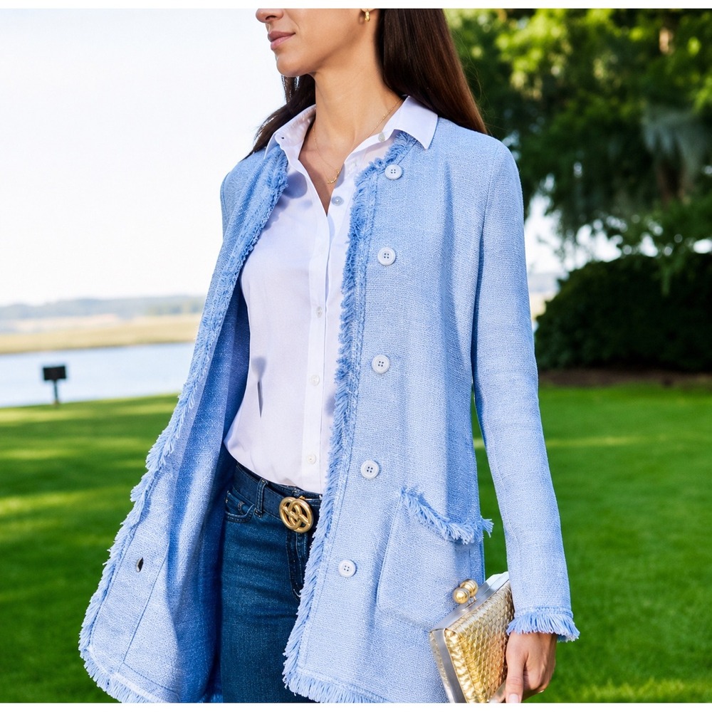 J.McLaughlin Blue Fringe Knit Long Cardigan Jacket Size M